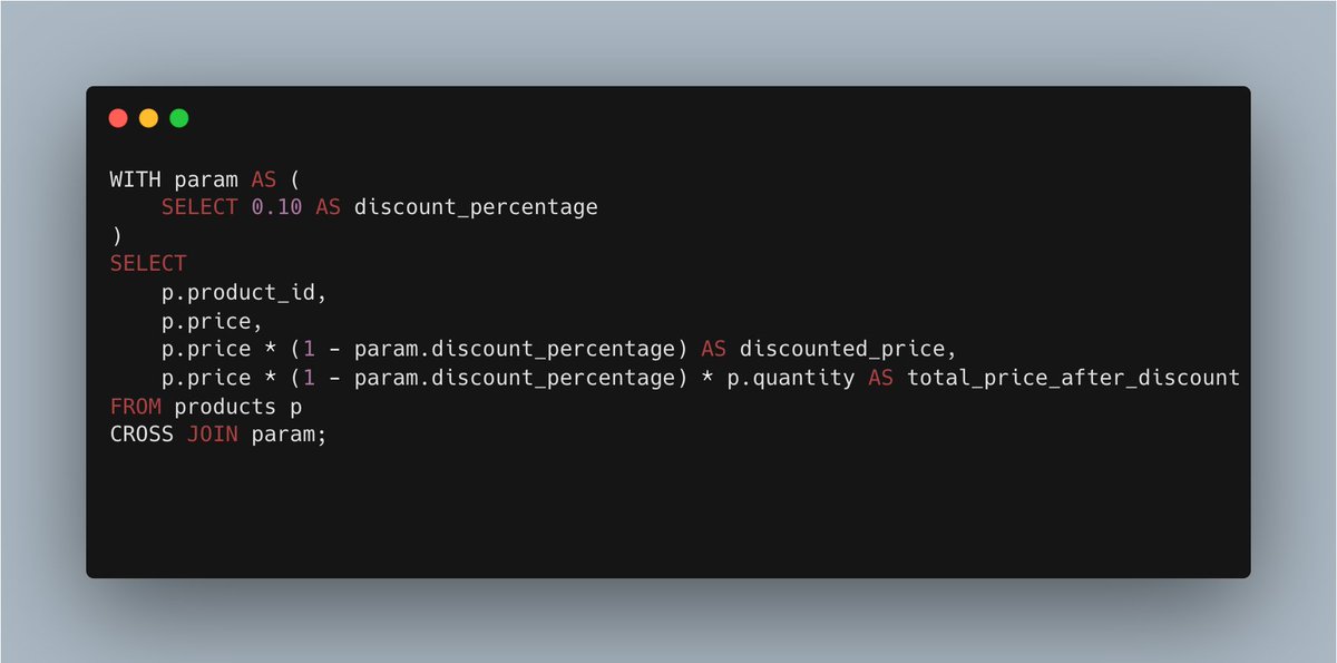 alfchung's tweet image. In most relational DBs, SQL doesn’t support setting variables. If you want to set a variable&apos;s value in just one place, a recent tip I learned from AI is using like this:

#SQLTips #Database #AI #TechLearning&quot;