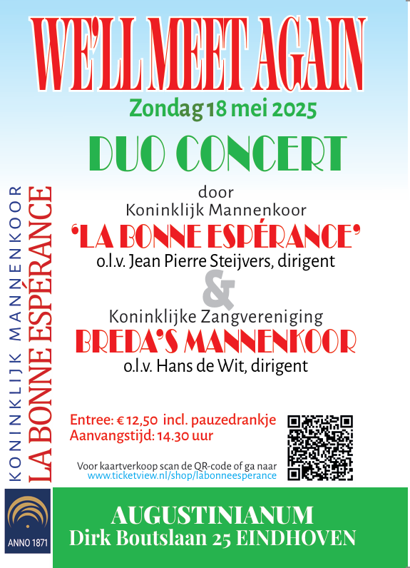 FonsdeBreet's tweet photo. De gerenommeerde koren La Bonne Espérance en Breda’s Mannenkoor staan opnieuw samen op het podium. 
Zondagmiddag 18 mei Aanvang 14.30 uur
Atrium Augustinianum, Dirk Boutslaan 25, 5613 LH Eindhoven.
Tickets à € 12,50 (incl. pauzedrankje) verkrijgbaar via https://t.co/CSkeHFCDtw https://t.co/8t4OWQzUM2