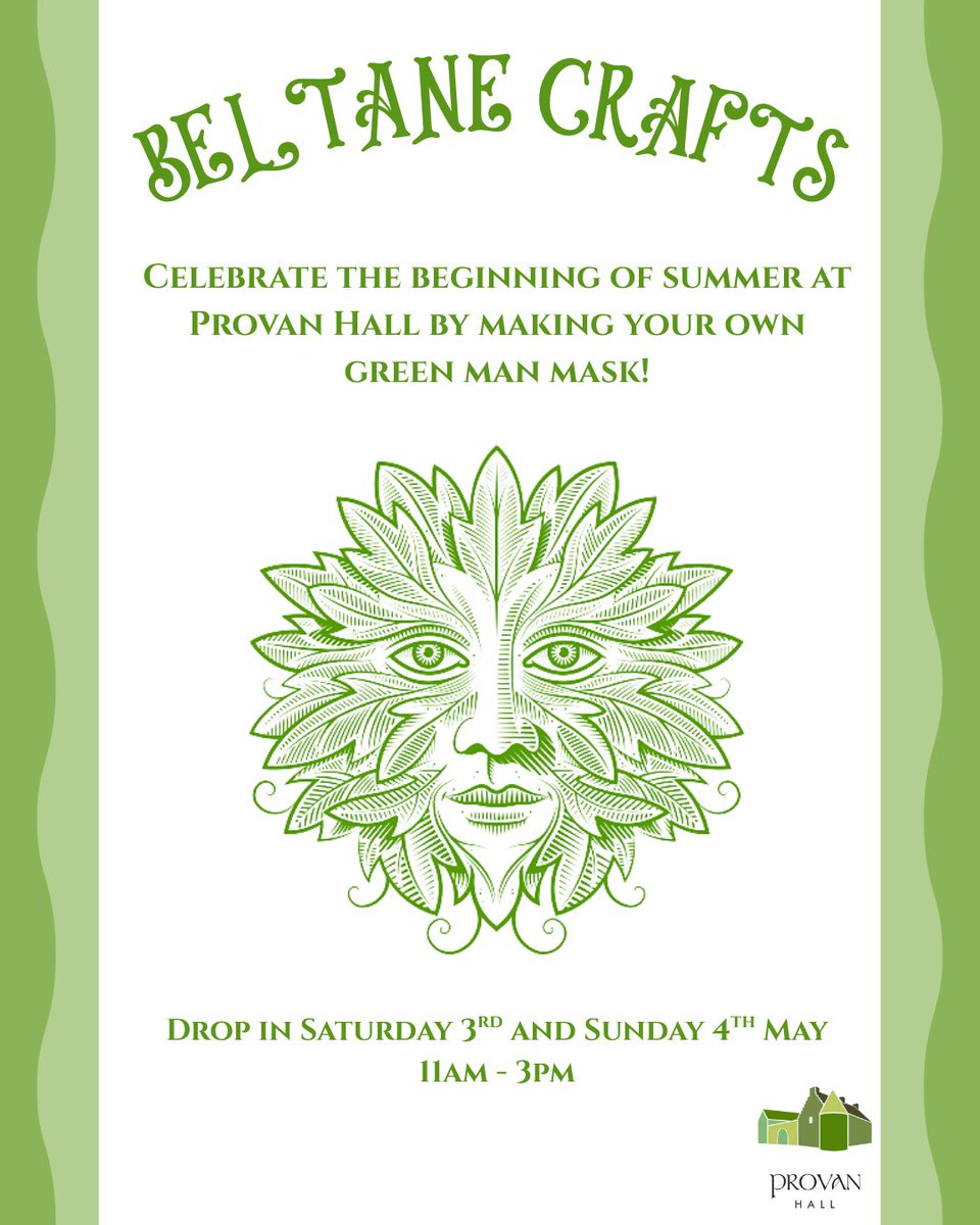 ProvanHall's tweet image. Join us at Provan Hall this weekend to make your own Green Man masks in celebration of Beltane, the ancient Celtic festival marking the beginning of summer!
On from 11am-3pm - free and family-friendly!