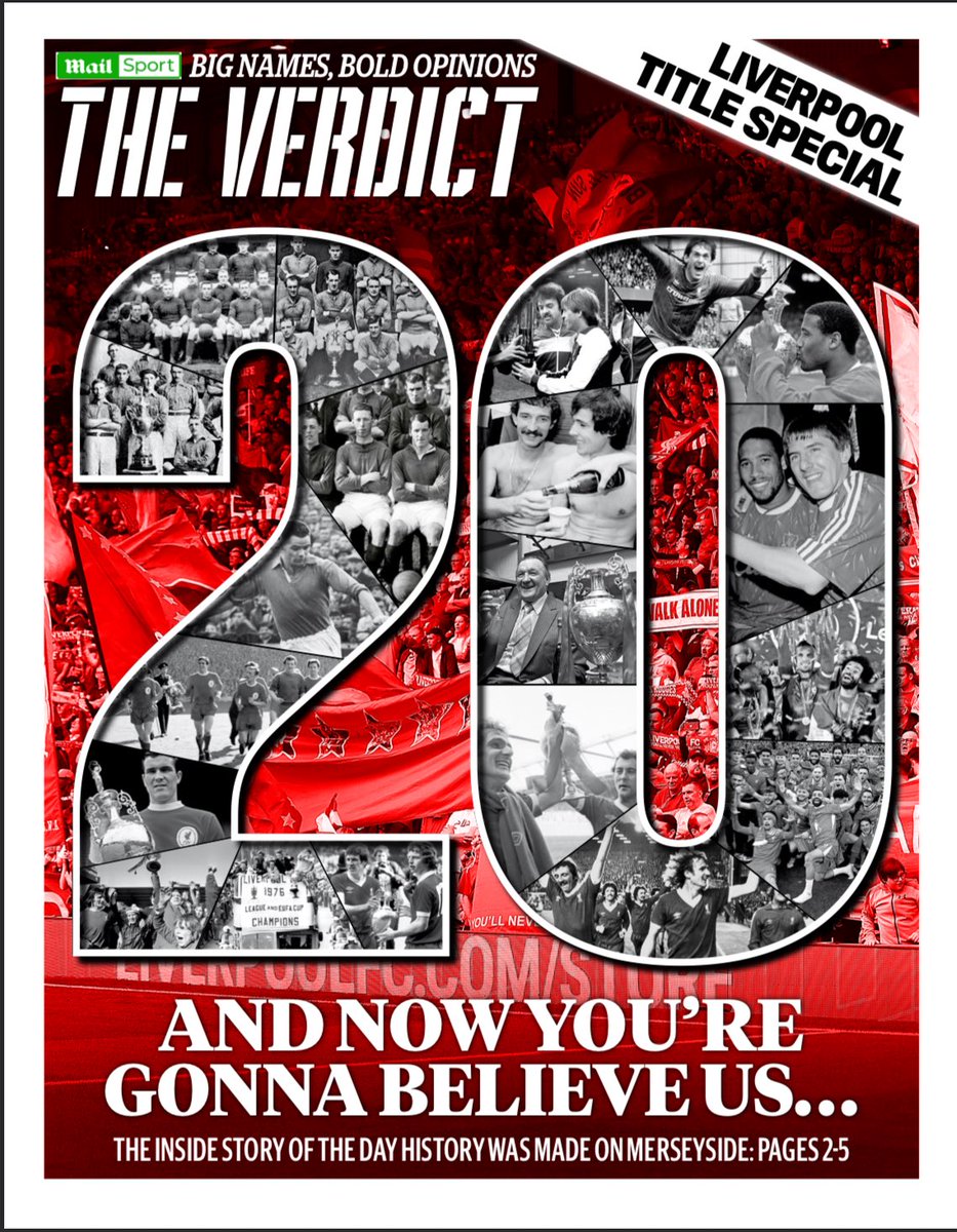 Today’s majestic <a href="/MailSport/">Daily Mail Sport</a> Verdict cover - a genius piece of art from <a href="/tmooro/">Tony Moore</a> for our Liverpool title special with the best writing and analysis from <a href="/OllieHolt22/">Oliver Holt</a>, <a href="/LewisSteele_/">Lewis Steele</a>, <a href="/DominicKing_DM/">Dominic King</a> and Graeme Souness, on the day history was made. Go and buy it! #LFC