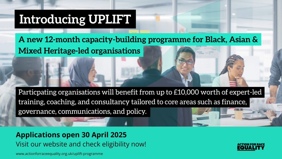 Is your org ready to be UPLIFTed? 
 
We’ve launched a new UPLIFT programme to support Black, Asian &amp; Mixed Heritage-led orgs across London. 
 
✍️Applications open soon. 
Find out more: ow.ly/z4s950VHQ6s

 #UPLIFTProgramme #ARE #CapacityBuilding #LeadershipSupport