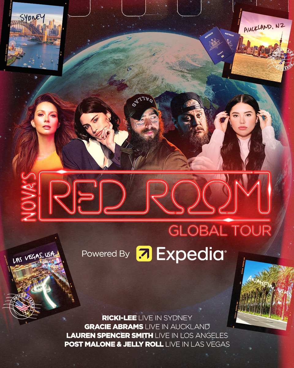 Nova 96.9 (@nova969) on Twitter photo T-minus 24 hours until we set off for Nova’s Red Room Global Tour powered by <a href="/Expedia/">Expedia</a> 🥳
First up - our very own <a href="/TheRickiLee/">RICKI-LEE</a> in Sydney followed by <a href="/gracieabrams/">Gracie Abrams</a> in Auckland, <a href="/iamlaurenmusic/">Lauren Spencer Smith</a> in Los Angeles and <a href="/PostMalone/">Post Malone</a> and <a href="/JellyRoll615/">Jelly Roll</a> in Las Vegas 💥
#NovasRedRoom T-minus 24 hours until we set off for Nova’s Red Room Global Tour powered by <a href="/Expedia/">Expedia</a> 🥳
First up - our very own <a href="/TheRickiLee/">RICKI-LEE</a> in Sydney followed by <a href="/gracieabrams/">Gracie Abrams</a> in Auckland, <a href="/iamlaurenmusic/">Lauren Spencer Smith</a> in Los Angeles and <a href="/PostMalone/">Post Malone</a> and <a href="/JellyRoll615/">Jelly Roll</a> in Las Vegas 💥
#NovasRedRoom