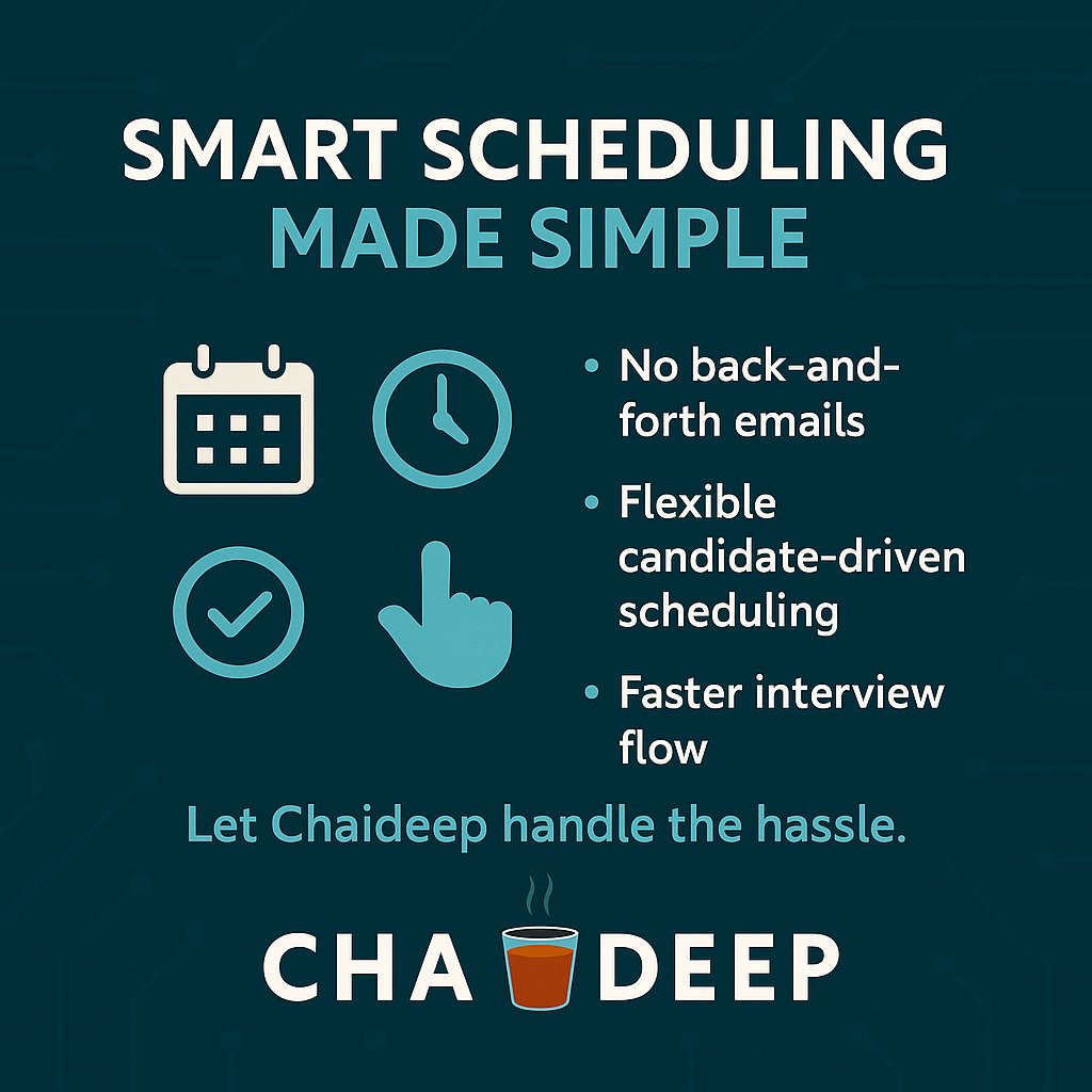 chaideepai's tweet photo. Still sending 10 emails just to book an interview?

With Chaideep, candidates pick their own slots.
You pick the best hires.
Simple.

#Chaideep #SmartScheduling #HiringTech #FutureOfWork #RecruitmentTools https://t.co/2pF8ayboyx