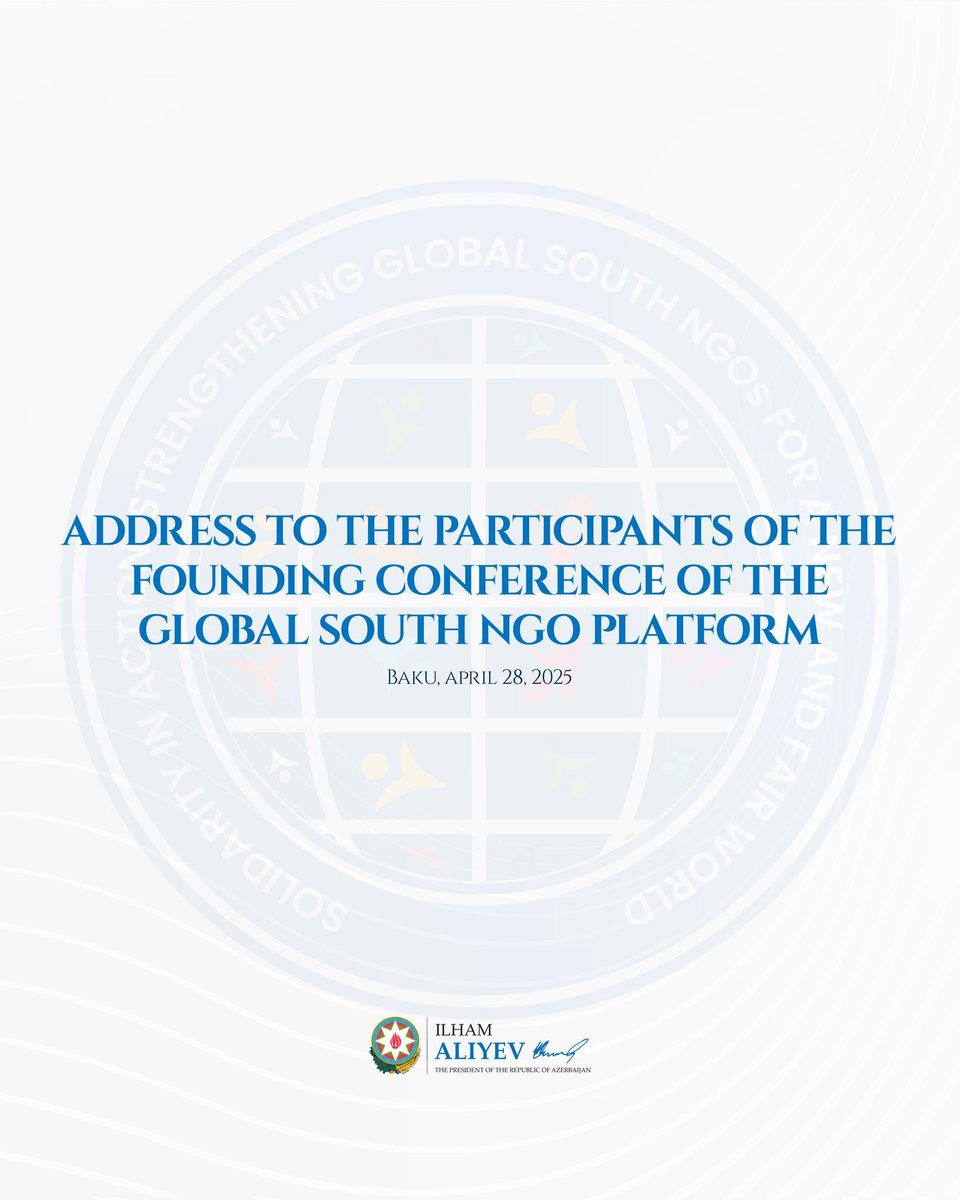 In his address, The President of the Republic of 🇦🇿 H.E. Ilham Aliyev stressed that Azerbaijan respects the sovereignty &amp; diversity of every nation. He wished success to the Global South NGO Platform &amp; congratulated them.
#GlobalSouthBaku #GlobalSouthNGOPlatform #StrongerTogether