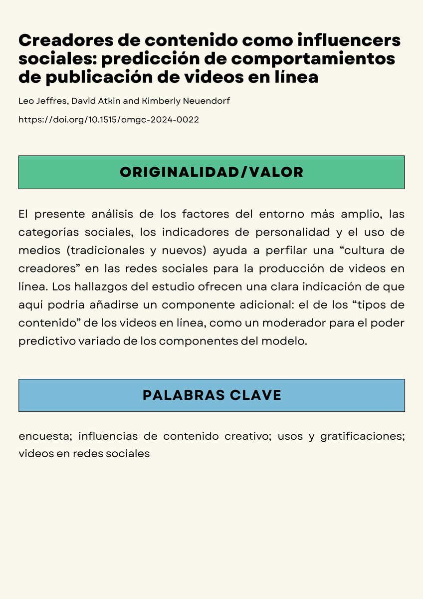 🎥 ¿Qué motiva a los creadores a publicar videos en redes? Descubre cómo el entorno social y la personalidad impulsan la cultura creativa en línea. #influencers #videosocial #creatividad
De OMGC Vol. 1 Núm. 2: doi.org/10.1515/omgc-2…