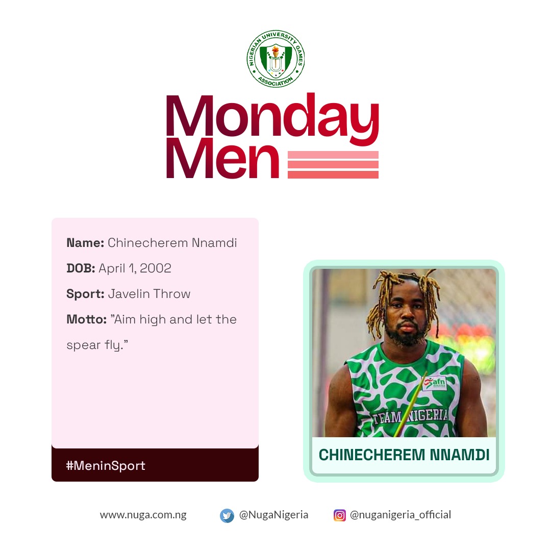 Meet Chinecherem Nnamdi, a true symbol of strength and focus. With his motto, "Aim high and let the spear fly," he reminds us that greatness starts with belief and bold action. 

Keep aiming higher! 

.
#MondayMotivation 
#MenInSport 
#NUGANigeria