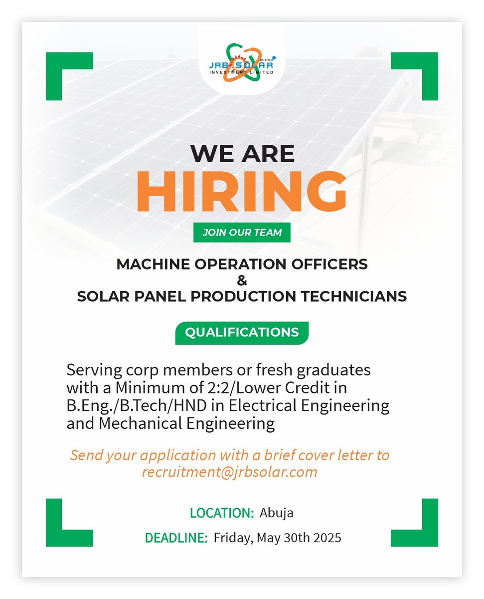 JRBSolarNG's tweet photo. Let's begin this week with this beautiful announcement.
The good news is; we are hiring!
Kindly read the details in the flyer below, and if you're qualified, don't hesitate to apply.
With JRB Solar, the sun is going to shine on everything you do!
#recruitment
#solarfactory https://t.co/7fS4ZehTqb