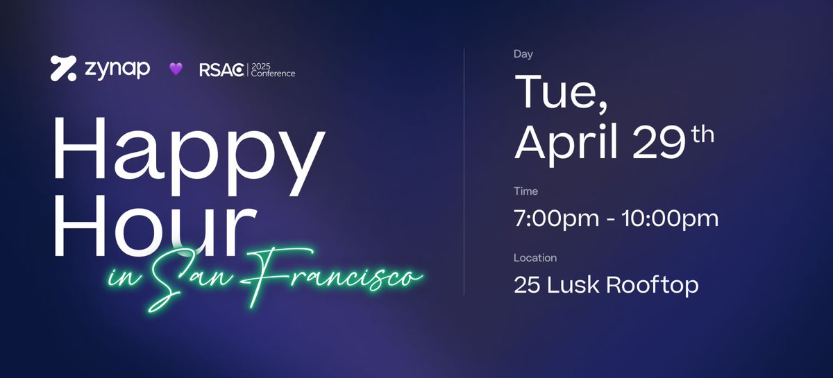 LAST CALL for our Happy Hour at #RSAC2025!

We’re bringing the good vibes (and great tech talk) to 25 Lusk Rooftop for an exclusive Happy Hour in San Francisco!

📅 Tuesday, April 29th
🕖 7:00pm – 10:00pm
📍 25 Lusk Rooftop, SF

Join us for a relaxed evening with drinks, views,