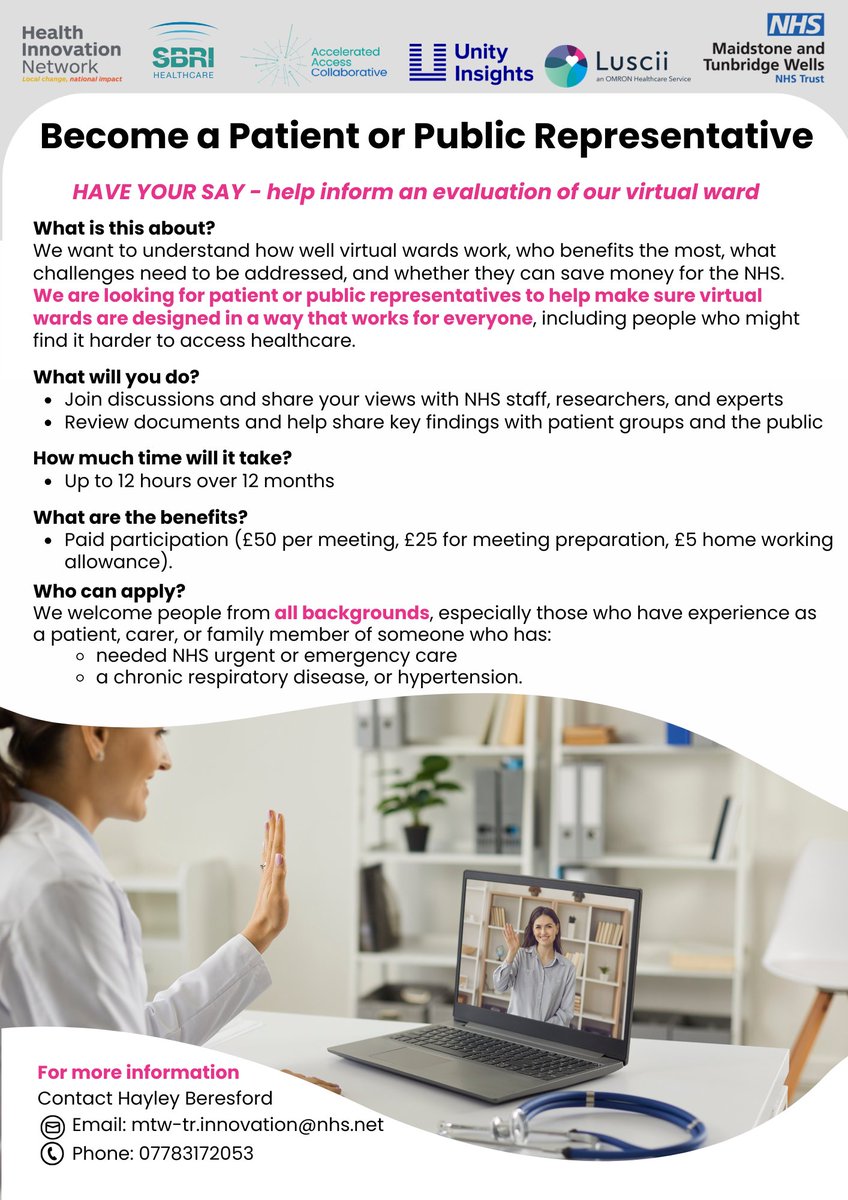 Hayley Beresford (@haberesford) on Twitter photo 📢 We’re looking for Patient/Public Representatives to help inform an evaluation of our Acute Virtual Ward model. ℹ️⬇️
💷 Paid role | 🕰️ Up to 12 hrs over 12 months | 🖥️ hybrid work
📧 mtw-tr.innovation@nhs.net| 📞 07783 172053
#VirtualCare #PatientVoice #Coproduction <a href="/MTWnhs/">Maidstone and Tunbridge Wells NHS Trust</a> 📢 We’re looking for Patient/Public Representatives to help inform an evaluation of our Acute Virtual Ward model. ℹ️⬇️
💷 Paid role | 🕰️ Up to 12 hrs over 12 months | 🖥️ hybrid work
📧 mtw-tr.innovation@nhs.net| 📞 07783 172053
#VirtualCare #PatientVoice #Coproduction <a href="/MTWnhs/">Maidstone and Tunbridge Wells NHS Trust</a>