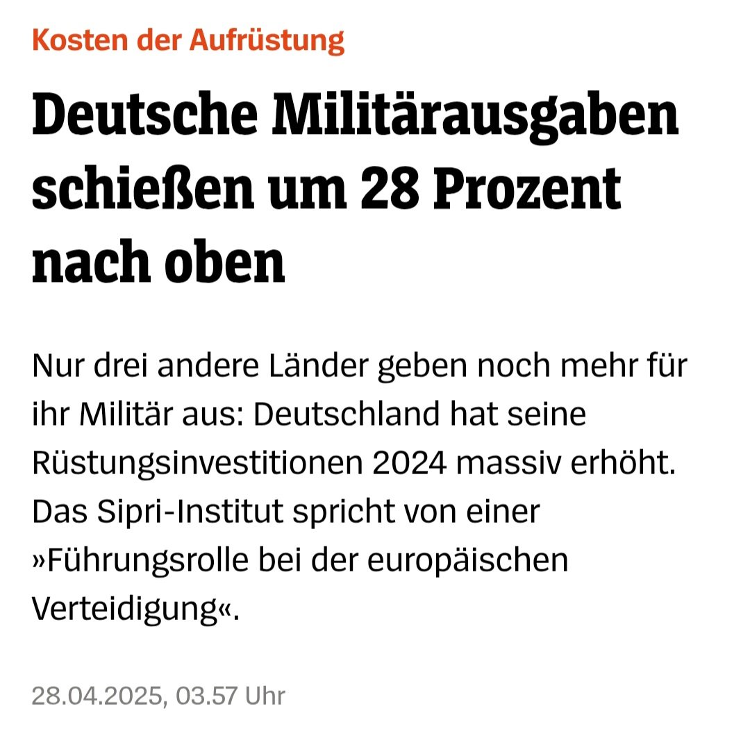 SWagenknecht's tweet image. Deutschland ist laut #SIPRI nun auf Platz 4 der weltweiten #Militärausgaben mit einem aberwitzigen Anstieg um 28 Prozent in 2024. Statt einer der Treiber einer gefährlichen Aufrüstungsspirale sollte Deutschland Spitzenreiter der Diplomatie und globaler Abrüstungsbemühungen sein!