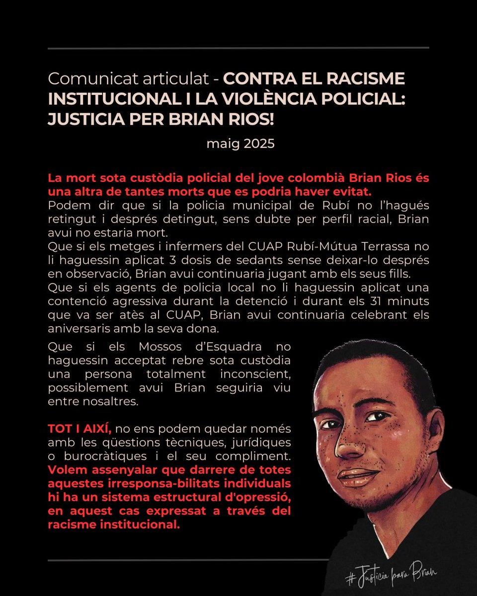 JusticiaBrian's tweet photo. #COMUNICAT | Ens hem articulat amb col•lectius, organitzacions i persones que lluiten cada dia contra el racisme institucional. Per què és la mort sota custòdia policial de #BrianRios però també és #TanquemElsCIEs, #PadroXTotes, #RegularizacionYA i moltes +.
#14M #ProuRACISME! https://t.co/nuyPzBVKg0