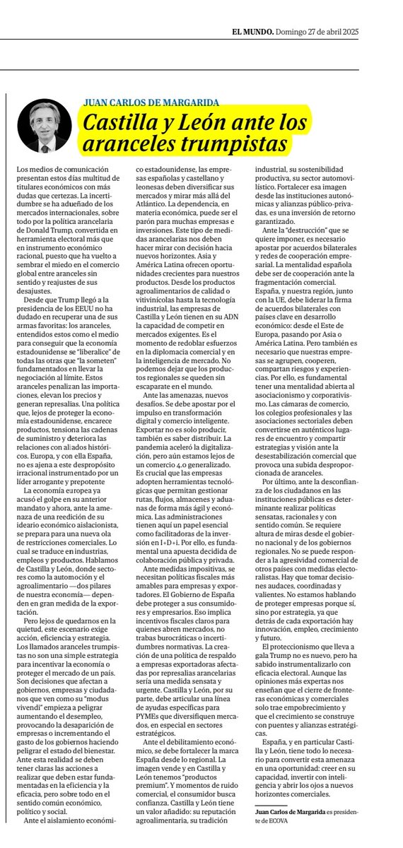 CASTILLA Y LEÓN ANTE LOS ARANCELES TRUMPISTAS. Mi opinión en <a href="/DiarioCyLMundo/">Diario de Castilla y León</a> <a href="/DiarioVLL/">Diario de Valladolid</a> 👇👇👇