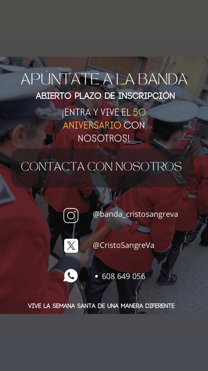 ¿Quieres vivir la Semana Santa de manera diferente? 

APÚNTATE A LA BANDA 
No es necesario tener conocimientos musicales, nosotros te enseñamos.

Rellena el formulario del enlace del perfiló contacta por cualquiera de nuestros medios y te informaremos de todo.