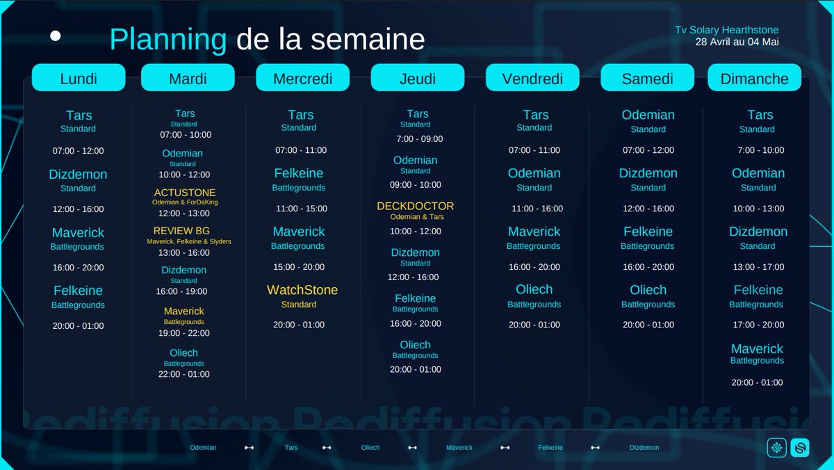 Planning de la semaine! Avec notamment :  
. Grande Review BG mardi 13h
. Nouveau Patch BG Mardi soir
. Watchstone Mercredi soir : On suit le top ladder des joueurs FR