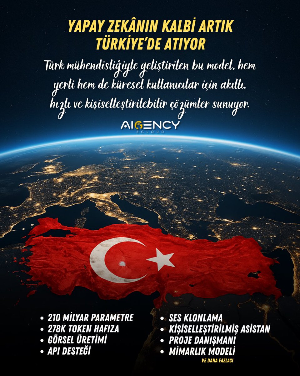 Yapay zekânın kalbi artık Türkiye’de atıyor!
210 milyar parametreli Aigency, Türk mühendisliğiyle geliştirildi ve şimdi dünyanın dört bir yanına güç veriyor.
Ses klonlama, kişisel asistanlar, görsel üretimi, API desteği ve çok daha fazlası…

Hem yerli, hem evrensel. Hem güçlü,
