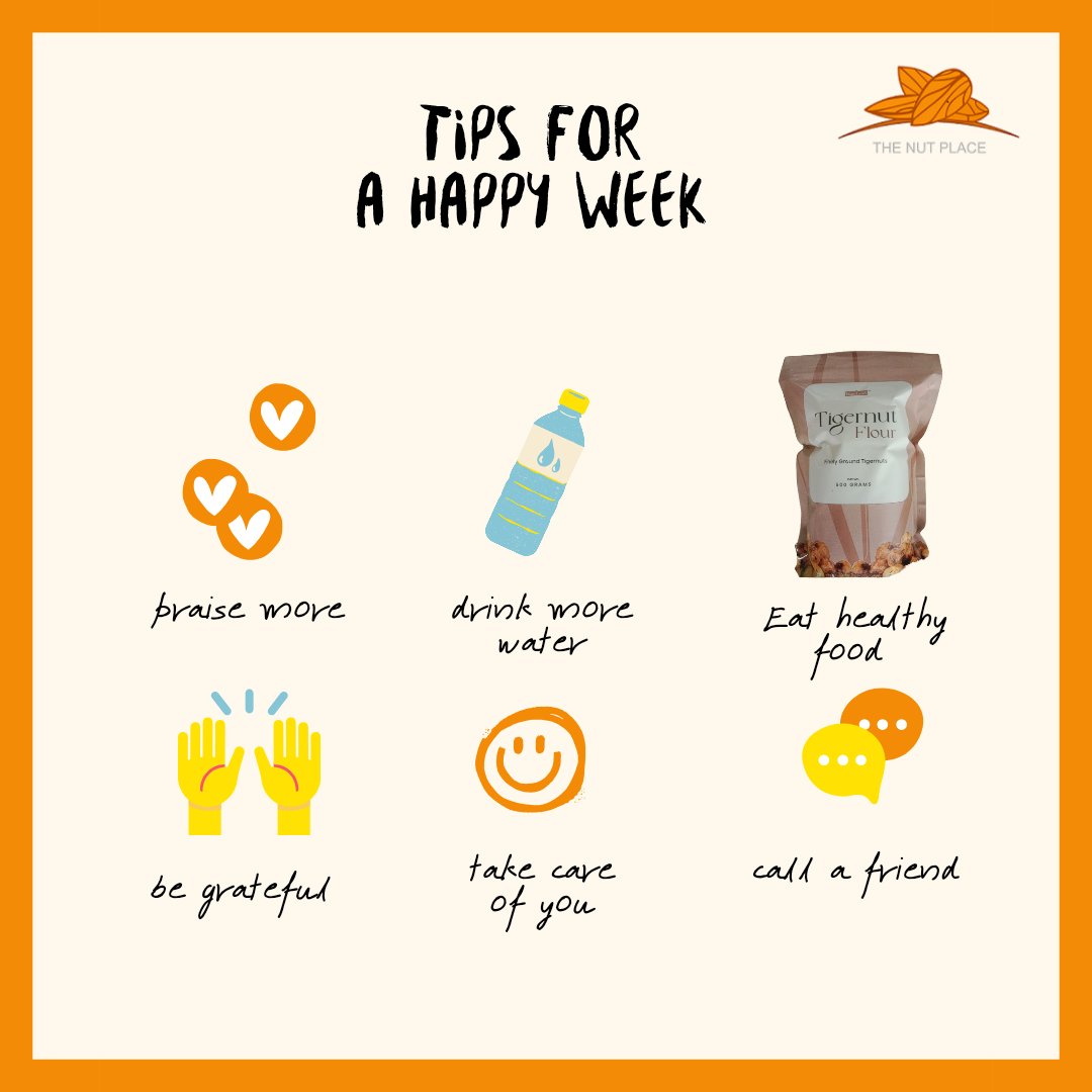 Here are some tips for a happy week.

Water is so important.....
Eat healthy food
Keep a positive attitude and praise more
A grateful heart attracts more blessings
Take care of you...you are the machine that makes things work
Keep in touch with your loved ones
#MondayMotivation