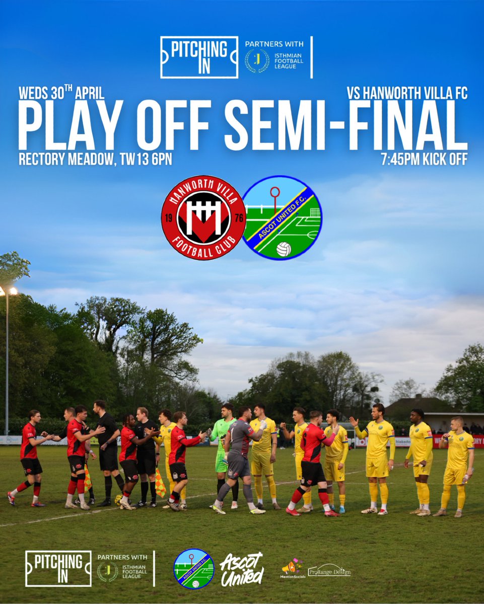 𝗣𝗹𝗮𝘆 𝗢𝗳𝗳 𝗦𝗲𝗺𝗶-𝗙𝗶𝗻𝗮𝗹!

Wednesday, 30th of April 2025
7:45pm Kick Off
Rectory Meadow, TW13 6PN
vs <a href="/HanworthVillaFC/">Hanworth Villa FC</a> 
<a href="/IsthmianLeague/">The Pitching In Isthmian League</a>🏆

𝑺𝒆𝒄𝒖𝒓𝒆 𝒚𝒐𝒖𝒓 𝒕𝒊𝒄𝒌𝒆𝒕𝒔 𝒕𝒐𝒅𝒂𝒚 𝒂𝒏𝒅 𝒔𝒖𝒑𝒑𝒐𝒓𝒕 𝒕𝒉𝒆 𝒀𝒆𝒍𝒍𝒂𝒔👇
fienta.com/hanworth-villa…

#WeAreAscot