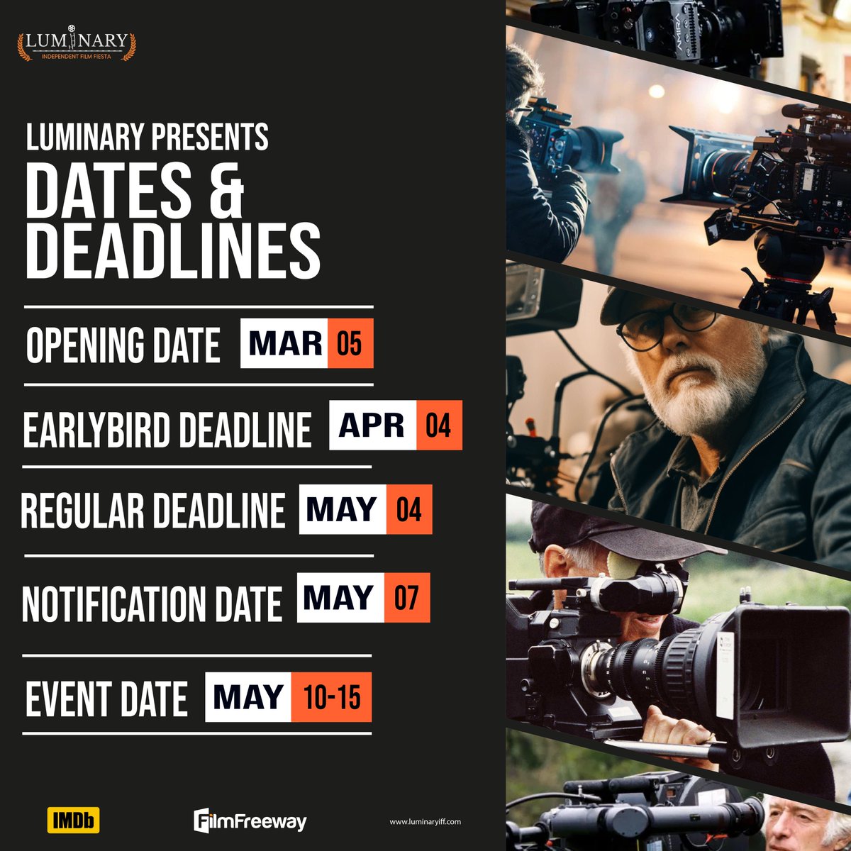Find the dates from our schedules list! Our regular deadline is just 6 days away! Submit your projects now - filmfreeway.com/LuminaryIndepe…

#FilmFestival #ScheduleList #DatesAndDeadlines2025 #NewSeason #Directors #Cinéma #París