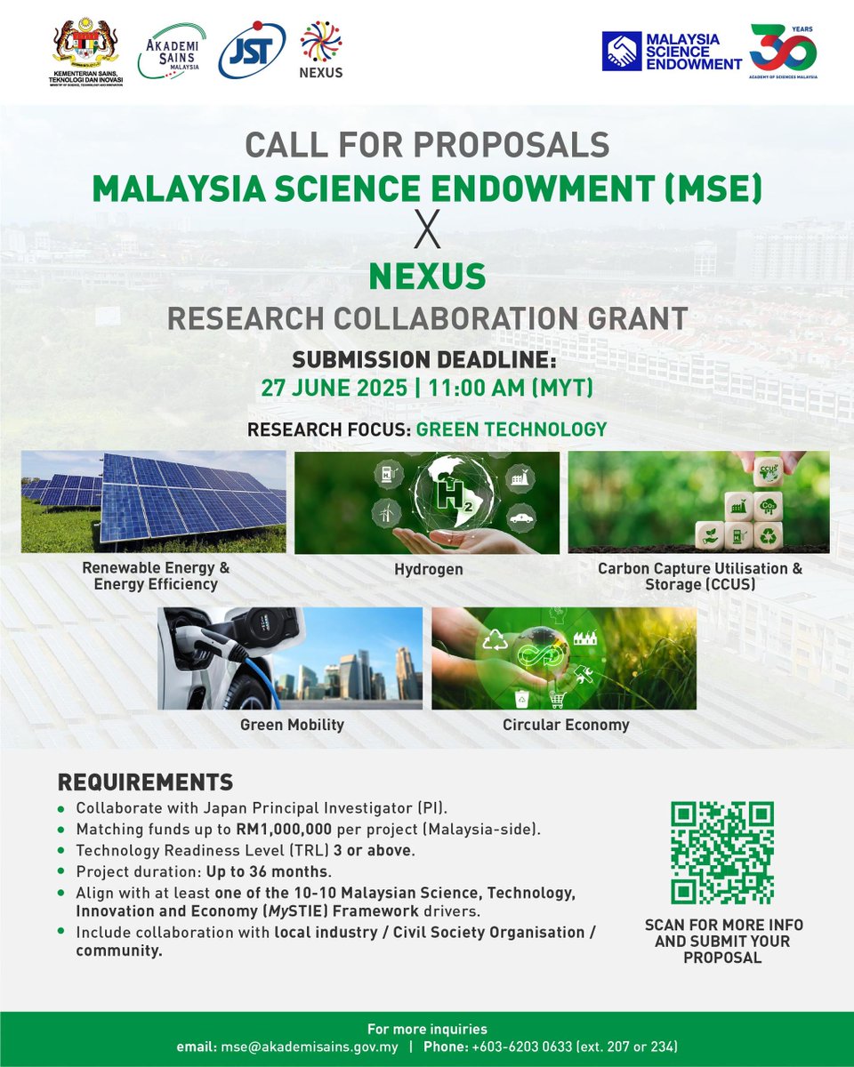 📢 𝐂𝐚𝐥𝐥 𝐟𝐨𝐫 𝐏𝐫𝐨𝐩𝐨𝐬𝐚𝐥𝐬: 𝐌𝐒𝐄 𝐱 𝐍𝐄𝐗𝐔𝐒 𝐑𝐞𝐬𝐞𝐚𝐫𝐜𝐡 𝐂𝐨𝐥𝐥𝐚𝐛𝐨𝐫𝐚𝐭𝐢𝐨𝐧 𝐆𝐫𝐚𝐧𝐭

Are you a Malaysian researcher passionate about advancing green innovation through international collaboration? 

Apply for MSE x NEXUS Research Collaboration
