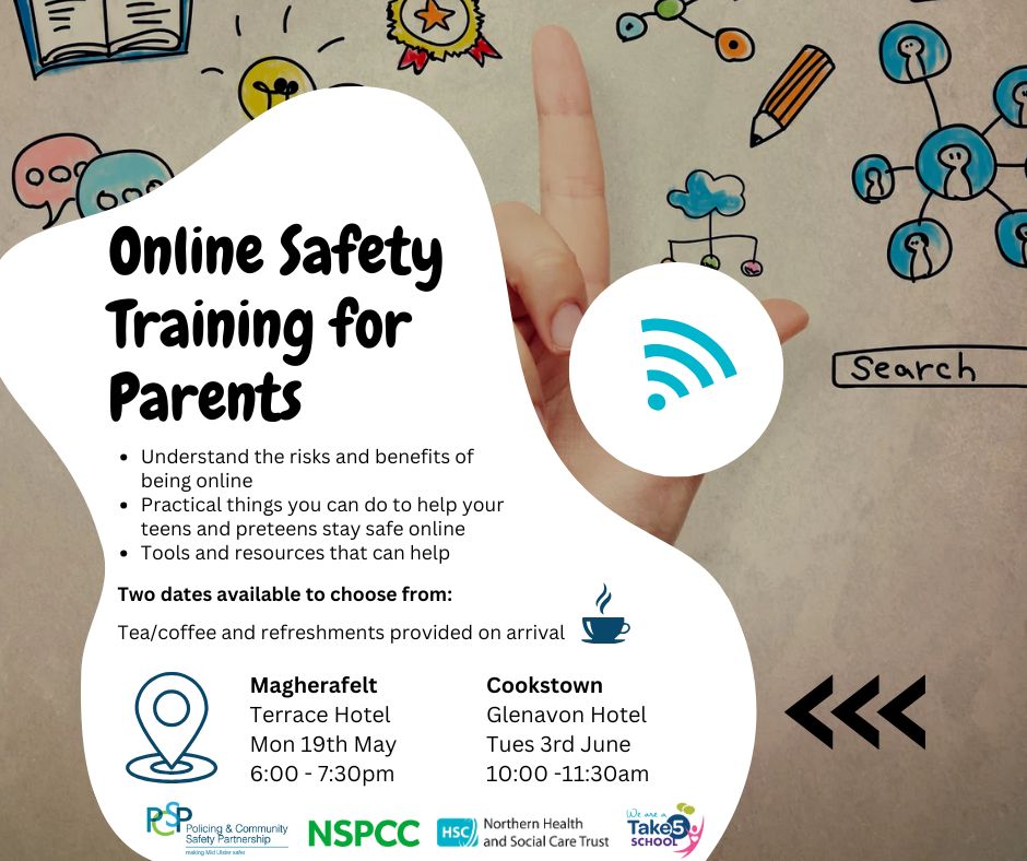 Keep your teens and preteens safe online by attending online safety training delivered by NSPCC. To register please click on the link below. Places are limited so will be allocated on a first come first served basis.
Magherafelt (19th May evening session): eventbrite.co.uk/e/126696160927…