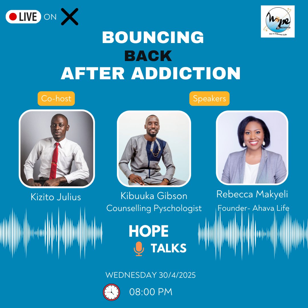 AhavaLife. (@ahavalifeorg) on Twitter photo This Wednesday, #HopeTalks powered by <a href="/HopeAndBeyondUg/">Hope and Beyond Uganda</a> will be hosting our founder <a href="/RebeccaMakyeli/">Rebecca Makyeli</a> for an X-Space on 'Bouncing Back After Addiction.'
Do join in!
#AlcoholAwarenessMonth This Wednesday, #HopeTalks powered by <a href="/HopeAndBeyondUg/">Hope and Beyond Uganda</a> will be hosting our founder <a href="/RebeccaMakyeli/">Rebecca Makyeli</a> for an X-Space on 'Bouncing Back After Addiction.'
Do join in!
#AlcoholAwarenessMonth