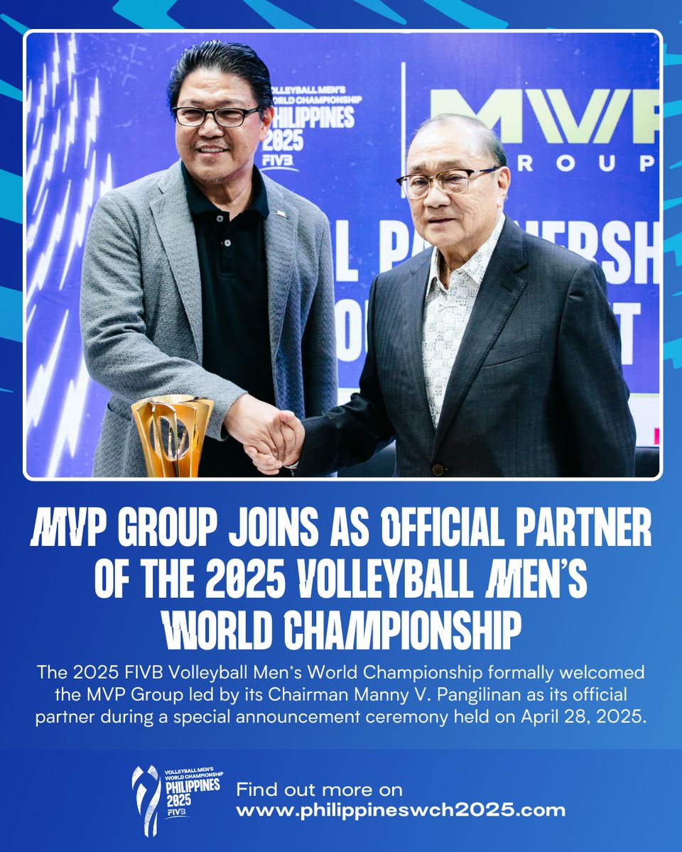 The MVP Group is now an official partner of the 2025 FIVB Men’s Volleyball World Championship!

Thank you for helping bring world-class volleyball to the 🇵🇭 this Sept 12–28!

🎟️ Be part of this moment — get your passes now: philippineswch2025.com/about/tickets