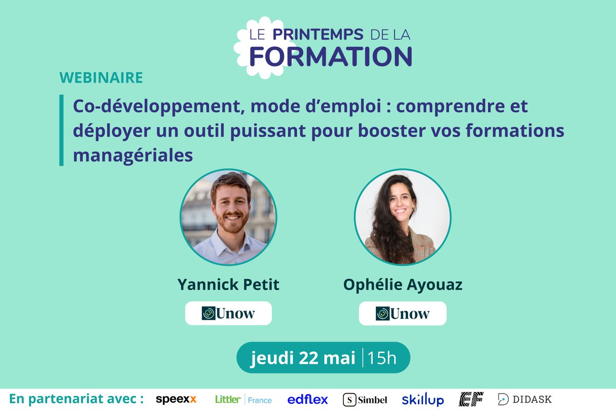 #WEBINAIRE 

Découvrez comment utiliser le co-développement pour renforcer la posture, l’autonomie et la prise de recul des managers, et l’intégrer dans votre stratégie de formation.

📅 Jeudi 22 mai à 15h

Inscrivez-vous au Printemps de la Formation : hubs.ly/Q038XSWr0