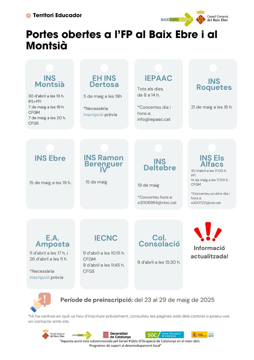TERRITORI EDUCADOR | Actualitzem les dates de les portes obertes dels centres d'FP del Baix Ebre I el Montsià per al proper curs 👨‍💻👷