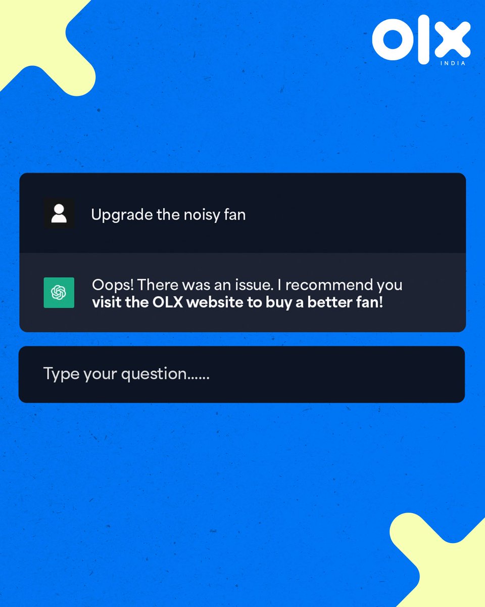 OLX_India's tweet photo. Even AI knows that OLX is the best solution for
you!
Visit our website now.
#OLXIndia #BuySellHassleFree #OLXKarBechDe #PrelovedDeals #SecondHandSeFirstClass #SmartShopping #DeclutterYourSpace #BudgetBuy #SellItOnOLX https://t.co/Ijnw2fxERj
