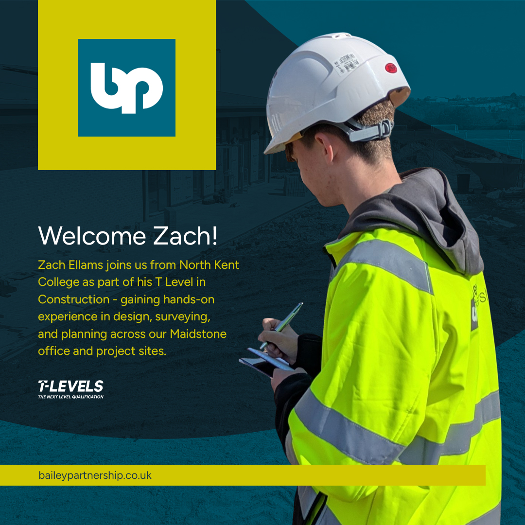 Big welcome to Zach Ellams, joining us as part of his T Level in Construction at North Kent College.

He’s gaining real-world experience in design, surveying &amp; planning across our Maidstone office and live sites.

Great to have you with us, Zach!
#TLevels #BaileyPartnership