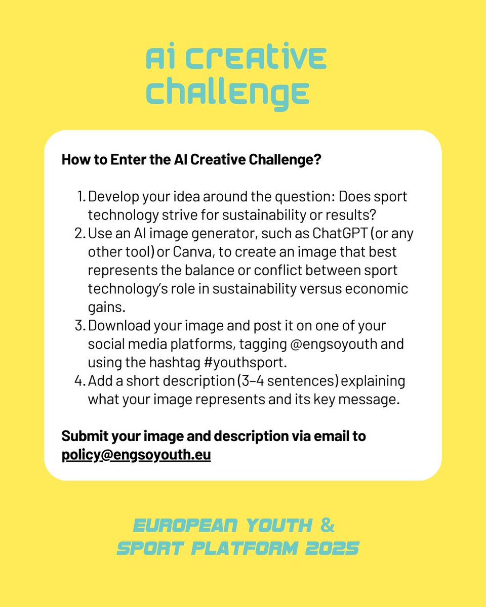 Want to join us at the European Youth &amp; Sport Platform? 😊

Join our AI Creative Challenge on the theme 📣 “Sport Technology: strives for Sustainability or Results?”.

JOIN HERE 🤝 engsoyouth.eu/2025/04/28/joi…

#YouthSport