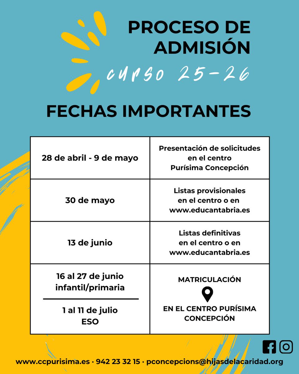 Comienza el proceso de escolarización para el curso 2025-2026. Aquí te dejamos un esquema con las fechas más importantes. ¡Queremos ser tu colegio!
#PurísimaConcepciónSantander
#ColegiosHHCC
#EducaciónVicenciana