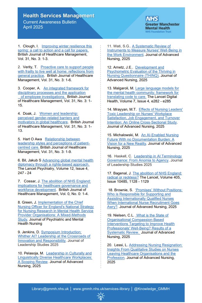 Our latest Health Services Management April 2025 bulletin tinyurl.com/ycfsm7dn Please email us at library@gmmh.nhs.uk to join the monthly mailing list.
<a href="/GMMH_NHS/">Greater Manchester Mental Health</a>
<a href="/c_tru_research/">GMMH Complex Trauma and Resilience Research Unit</a>
<a href="/GMMHResearch/">GMMH Research & Innovation</a>
<a href="/SSRU_GMMH/">SSRU (Suicide, Risk and Safety Research Unit)</a>
<a href="/NHSNW/">NHS North West</a>
<a href="/NHSEngland/">NHS England</a>