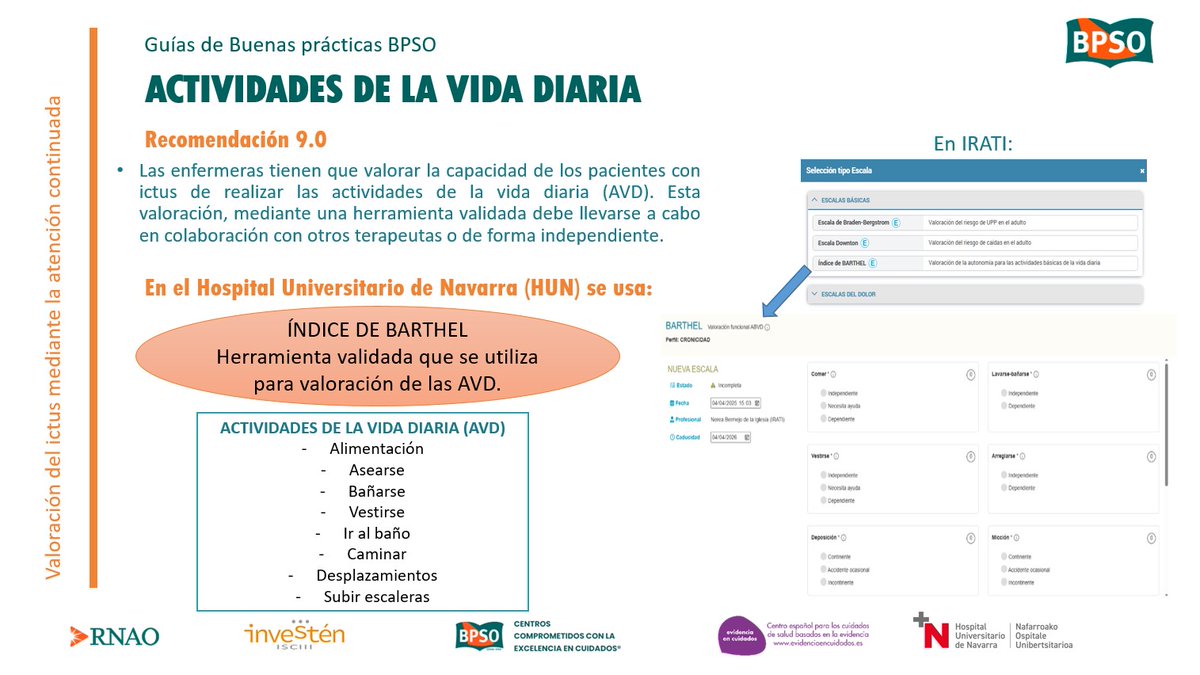 Una de las recomendaciones de la GBP BPSO “Valoración del ictus” es el uso e implementación de alguna escala validada para la valoración de la capacidad de los pacientes con ictus en la realización de actividades de la vida diaria. En el HUN se usa la Escala Barthel⬇️