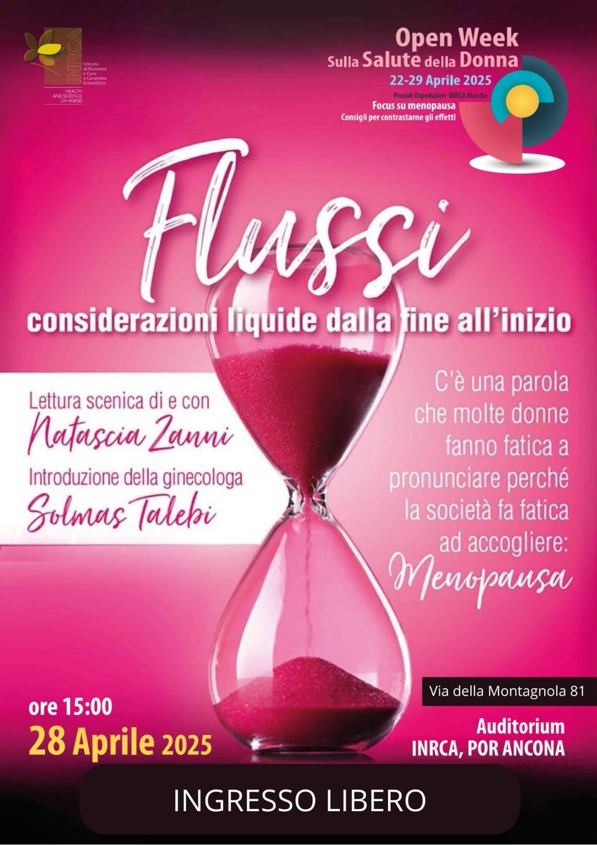 Open week Inrca: oggi evento aperto alla cittadinanza. "Flussi", lettura scenica di e con Natascia Zanni. Introdurrà la ginecologa Solmas Talebi. Vi aspettiamo!