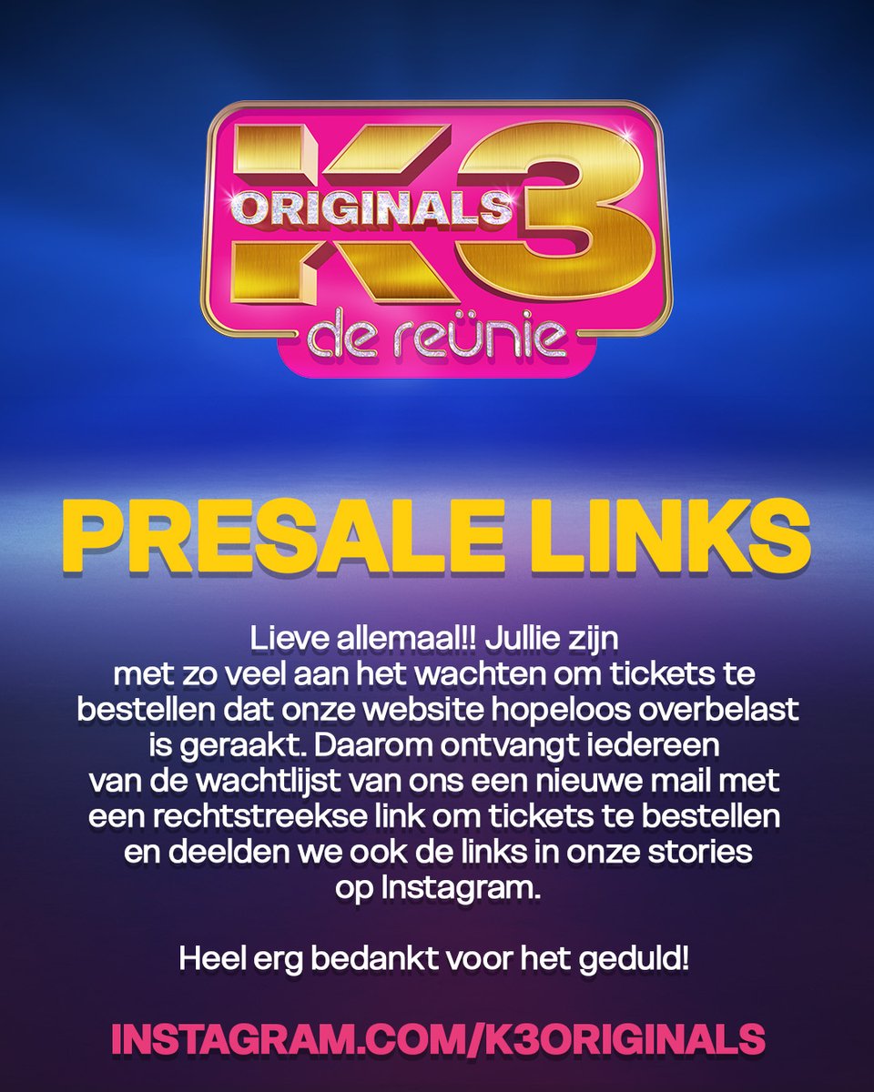 Jullie zijn met zo veel aan het wachten om tickets te bestellen dat onze website hopeloos overbelast is geraakt. Daarom ontvangt iedereen van de wachtlijst een nieuwe mail met een rechtstreekse link om tickets te bestellen en deelden we ook de links in onze stories
op Instagram.