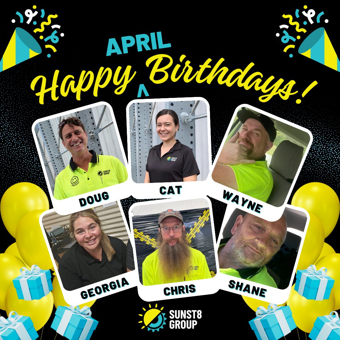 Sunst8Group's tweet photo. Seems April is Birthday Central at Sunst8! 🎂 This month we celebrated SIX incredible team members: Wayne, Shane, Doug, Cat, and 2 of our newest, Chris and Georgia! We hope you all had an amazing birthday! Here’s to another year of laughs, and kicking goals together. #Sunst8Group https://t.co/aCcSiqbqZt
