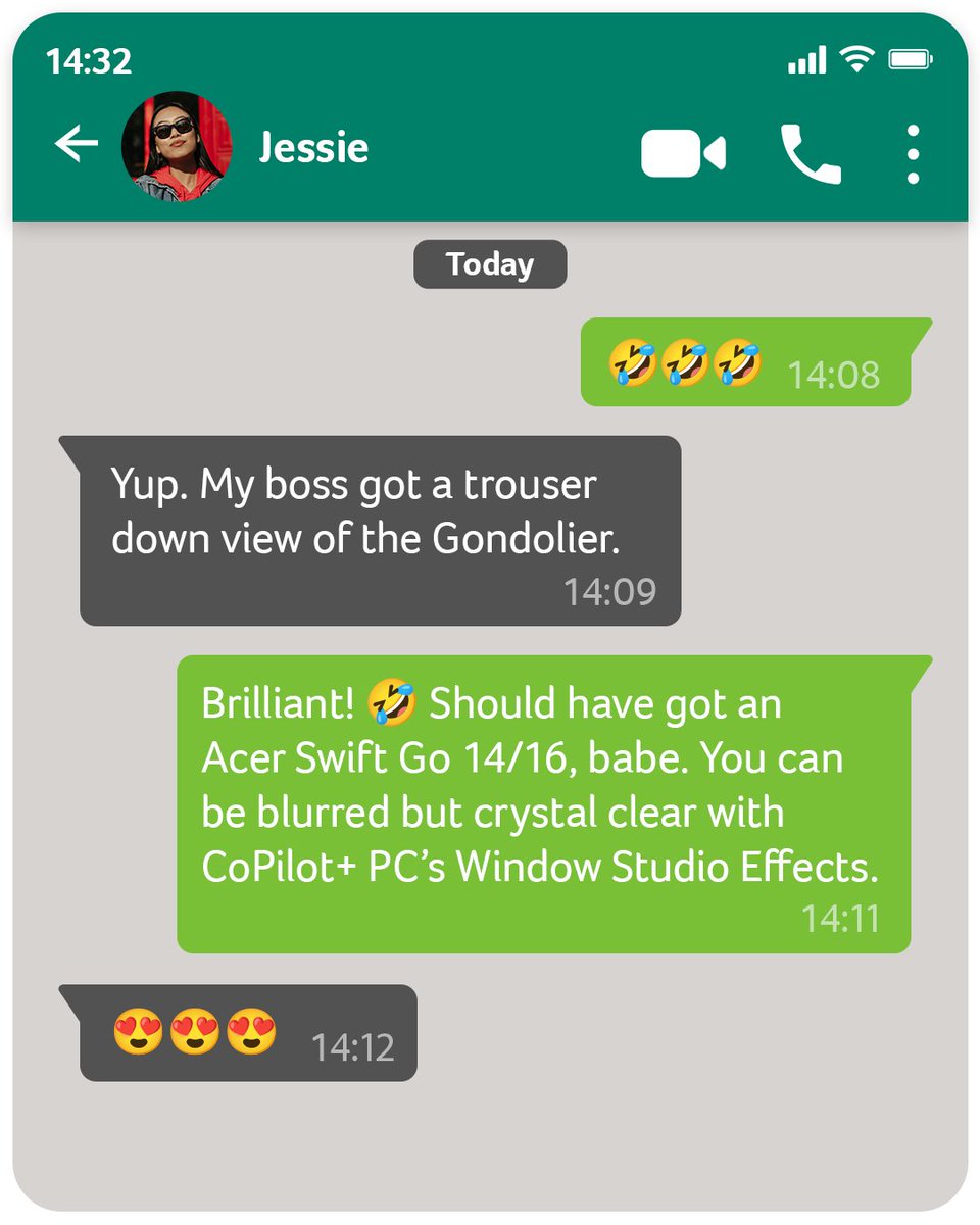 AcerANZ's tweet image. Never have this problem again 🫢 Work anywhere with the Acer Swift Go 14 AI and its incredible Copilot+ PC&apos;s Window Studio Effects. #AcerSwiftGo #CoPilotPCs

Explore now: acer.com/au-en/laptops/…