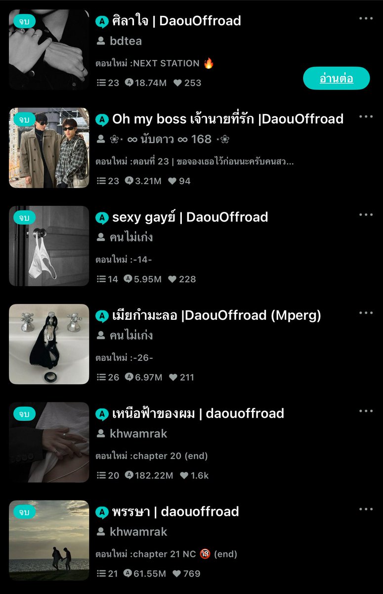pgp_Biw's tweet photo. มาแบ้ววววววว
- เหนือฟ้าของผม 99/10
- พรรษา 97/10
- ศิลาใจ 95/10
- ใต้ผืนจันทรา 90/10
- น้องชายข้างบ้าน 90/10

สนุกก อ่านชิวววววว~
- sexy gayย์ 10/10
- เธอช่วยทิ้งเราได้มั้ย 9/10
- เมียกำมะลอ 8/10
- oh my boss 8/10 https://t.co/KZJp37H452