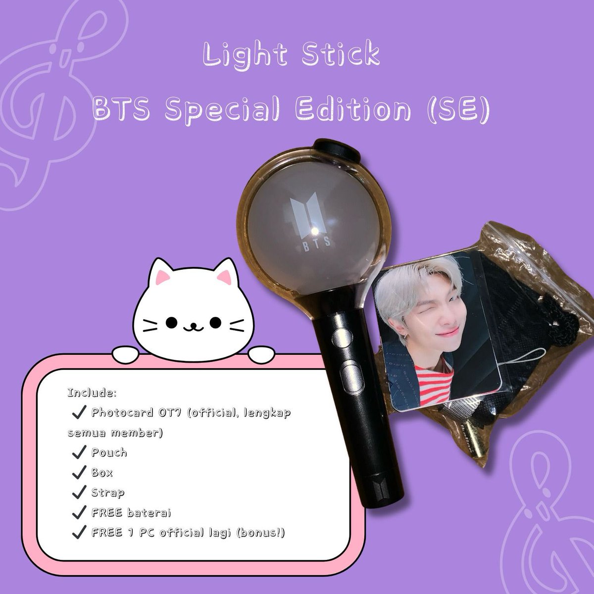 awwoosan09's tweet photo. ✨ Dijual Light Stick BTS Special Edition (SE) ✨
‼️ Kondisi mulus, lengkap, dan bonus melimpah!

Include:
✔️ Photocard OT7 (official, lengkap semua member)
✔️ Pouch
✔️ Box
✔️ Strap
✔️ FREE baterai
✔️ FREE 1 PC official lagi *(bonus!)* https://t.co/XcGk8cBLpp