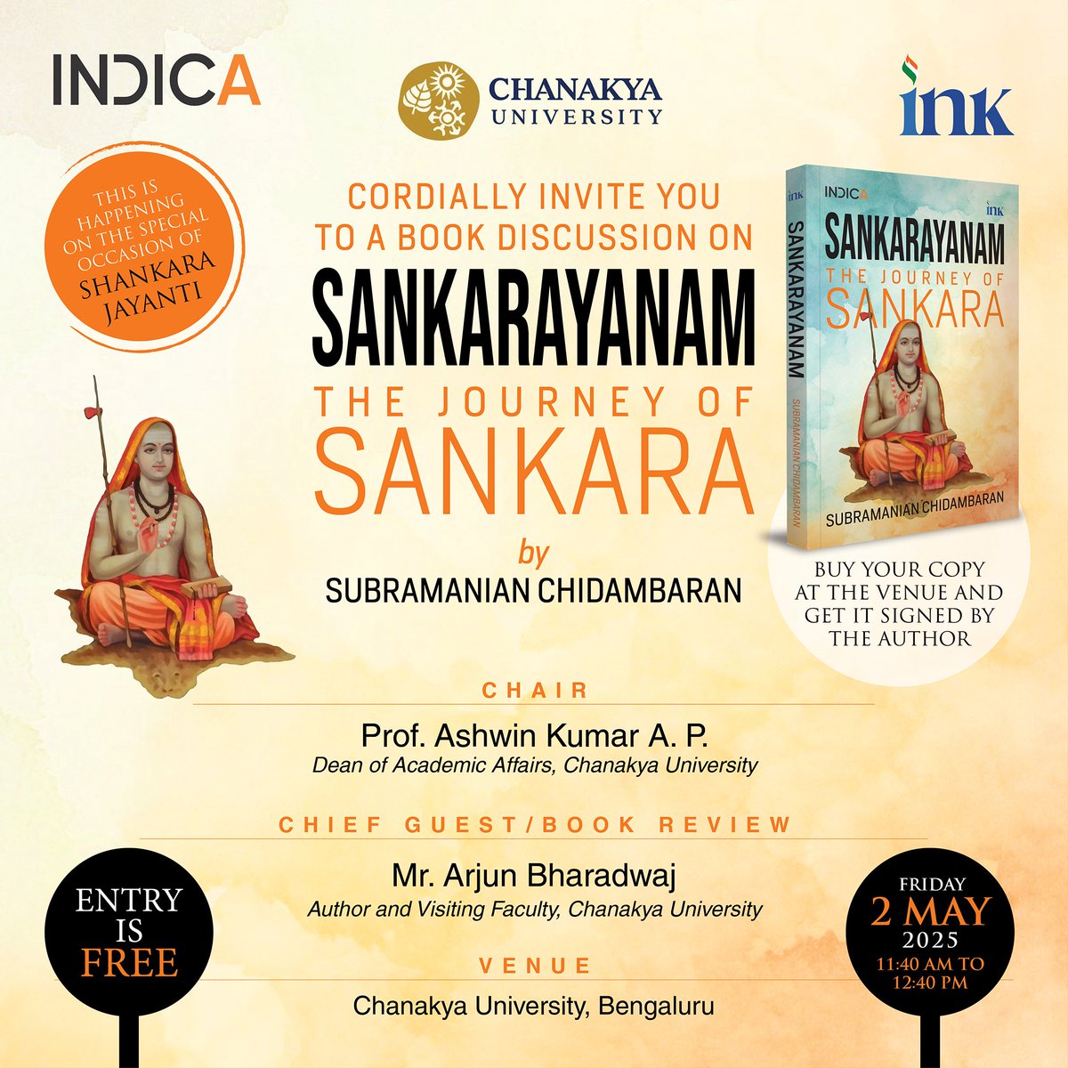 SANKARAYANAM IN BENGALURU 
Happy to share the book launch, talk and book signing event of my book Sankarayanam at Chankaya University on the occasion of Shankara Jayanti. Please do come with family and friends.
<a href="/BluOneInk/">BluOne Ink</a> <a href="/dimplekaul_in/">Dimple</a> <a href="/ChanakyaUni/">Chanakya University</a> <a href="/IndicaOrg/">INDICA</a>