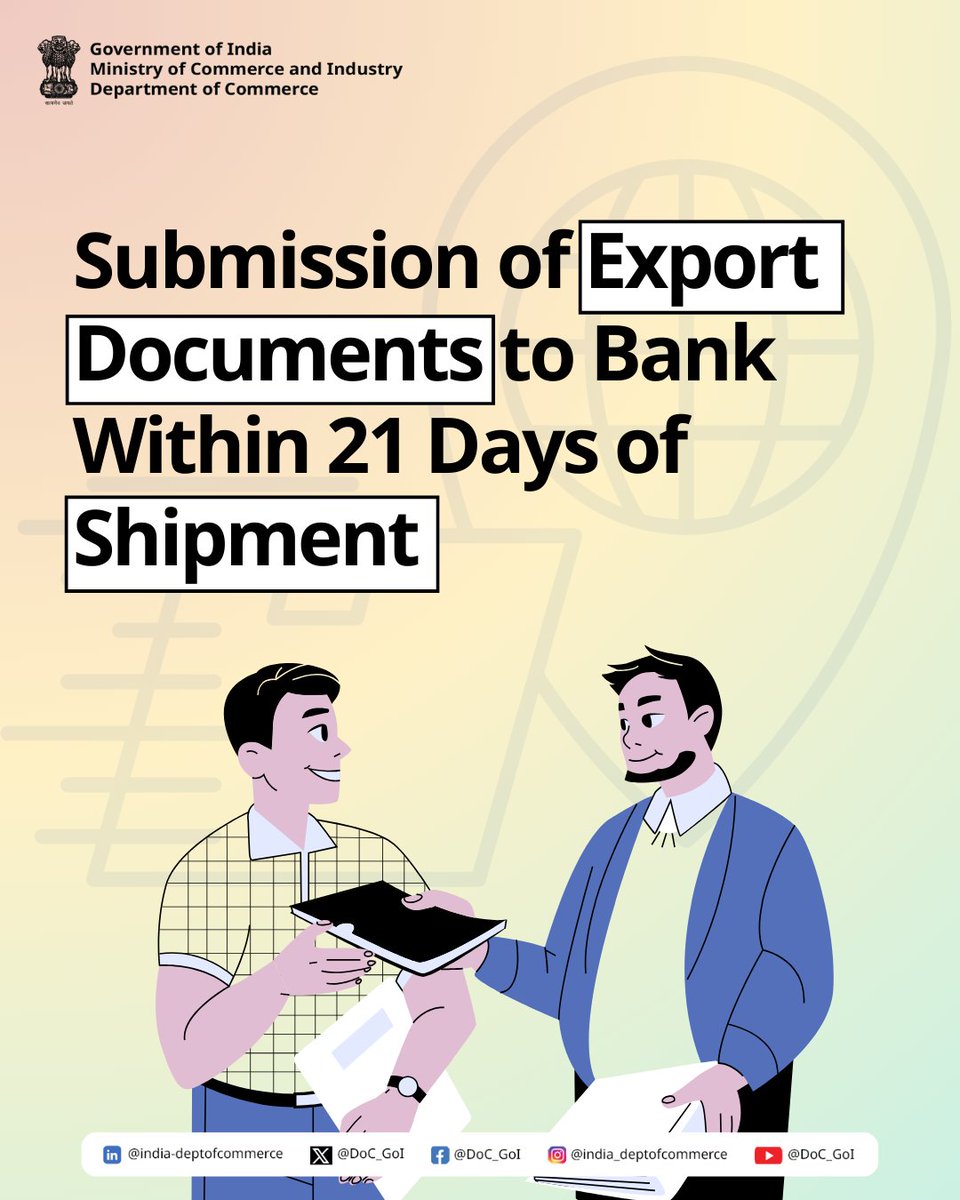 ISEPC1's tweet photo. Planning to export?
Submit your export documents to the bank within 21 days of shipment!

To know the mandatory documents required under FTP 2023, swipe through ➡️
Stay informed, stay compliant!
Read more https://t.co/12JkkKbq4H 
@ISEPC1
#DoC_GoI #ExportDocuments #TradeCompliance https://t.co/2dwKviWd18