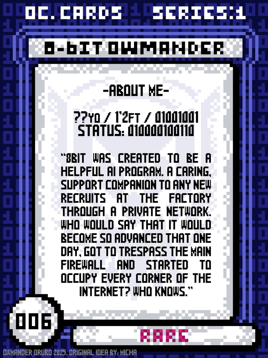 OwmanderF's tweet photo. "𝟾𝙱𝚒𝚝_ＯＷＭＡＮＤＥＲ"
Custom Cards #6 🦉💻
.
.
.
(Do you remember it? That small, yet cute version of the owl. Yeah he was an AI all along, prepare to see it invading your screen)
#pixelart #ドット絵 #art #arttwt #artmoots #oc #digitalart #digitalartwork #deltarune #style https://t.co/0GJjMmoXpW