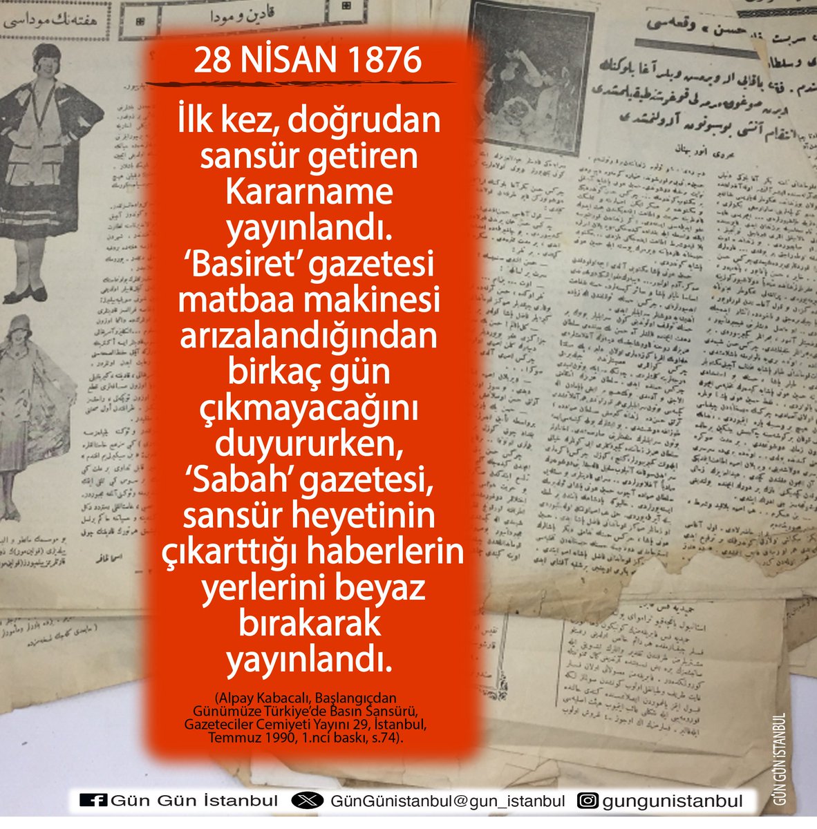 gun_istanbul's tweet photo. #I876 #sansür #Basiretgazetesi #Sabahgazetesi #AlpayKabacalı #İstanbul #İstanbulunTarihi #GünGünİstanbul @Cemiyet1946 https://t.co/n9122O9hQs