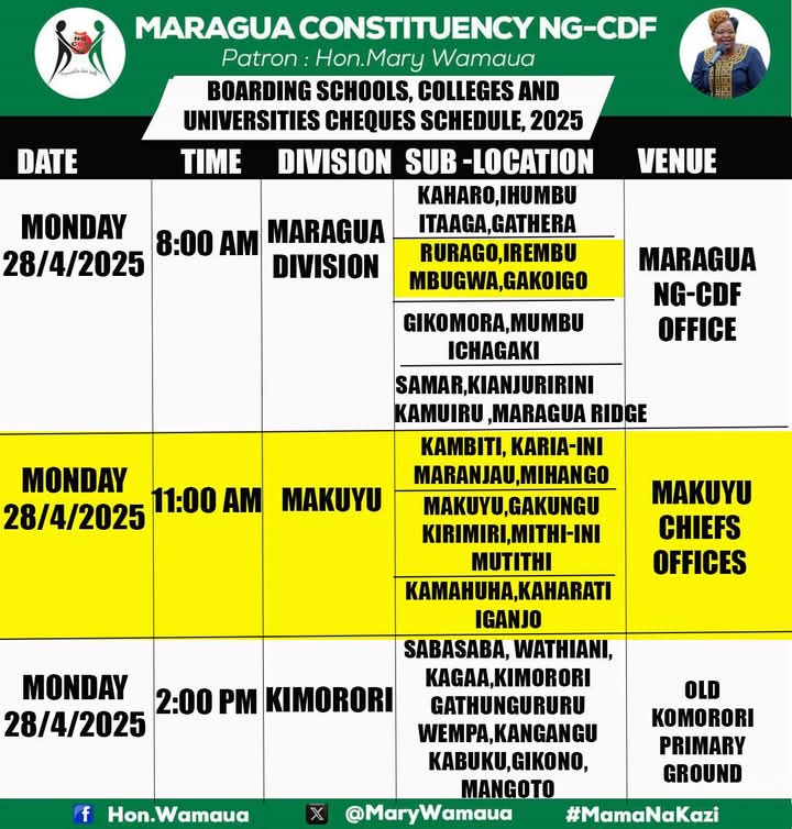 MaryWamaua's tweet photo. Schedule for Bursary Cheques issuance for Boarding schools, colleges and universities. https://t.co/WdKn5fnuNJ