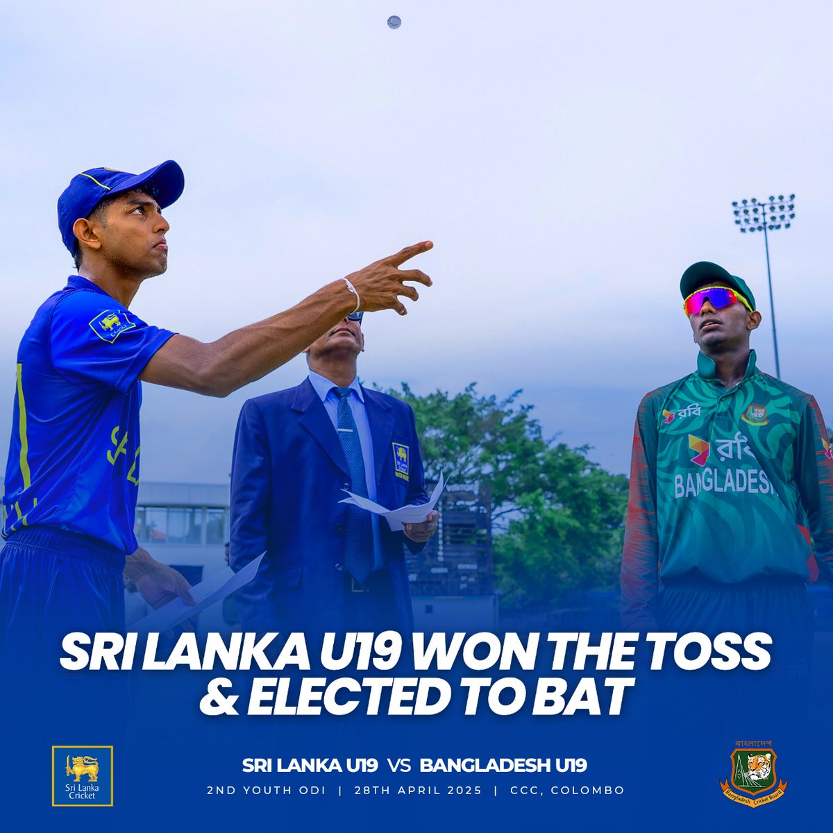OfficialSLC's tweet photo. Toss won! ✅
Our Sri Lanka U19 team has won the toss and elected to bat first against Bangladesh in the 2nd Youth ODI at the CCC, Colombo.
Match Center: https://t.co/ph2R6OqRgM
#SLvBAN #YoungLions #SLU19 https://t.co/YZBGSs9ei4