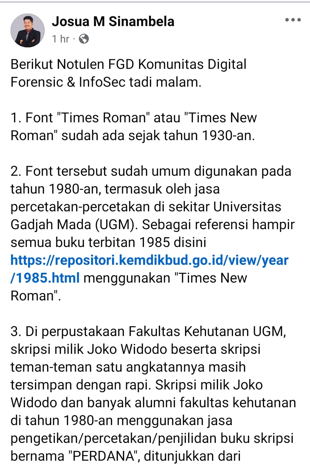 POLEMIK SKRIPSI JOKOWI: Tangkapan layar Ahli Digital Forensik, Josua M Sinambela mematahkan argumen Roy Suryo Cs dengan membeberkan bukti bahwa skripsi Jokowi asli. Ini bukti-bukti valid dari sang ahli, disadur pada Selasa (29/4/2025).