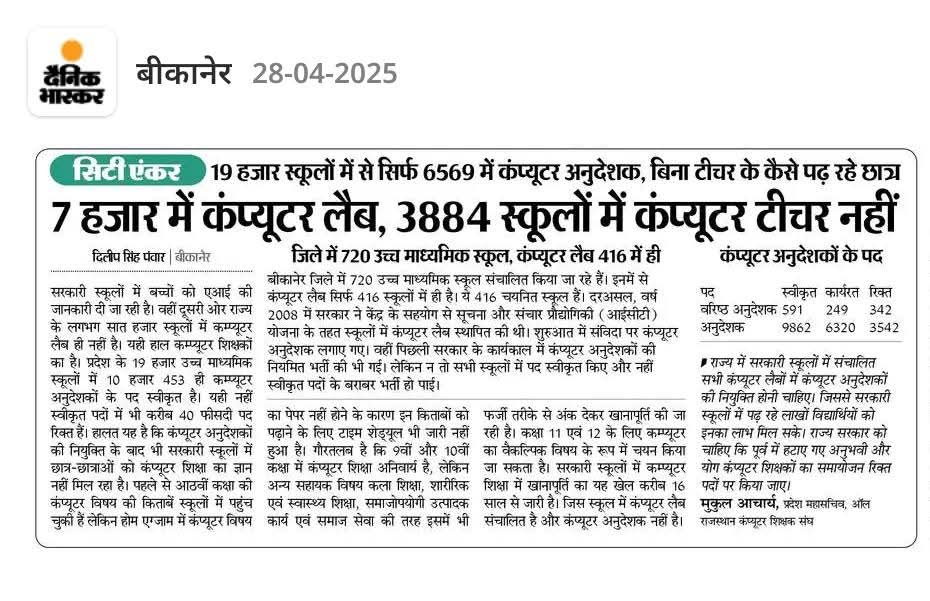 कंप्यूटर टीचर तो एक भी स्कूल में नहीं है वो तो अनुदेशक है जिनकी कोई कद्र नहीं ?
राजस्थान में कंप्यूटर शिक्षा के हालात बद से बद्तर है
<a href="/casjodhpur/">कम्प्यूटर अनुदेशक जोधपुर टीम</a>
@CasSirohiJalor <a href="/DainikBhaskar/">Dainik Bhaskar</a> <a href="/BhajanlalBjp/">Bhajanlal Sharma</a> <a href="/DrTnsharma/">Dr T N Sharma</a> <a href="/DrKirodilalBJP/">Dr. Kirodi Lal Meena</a>