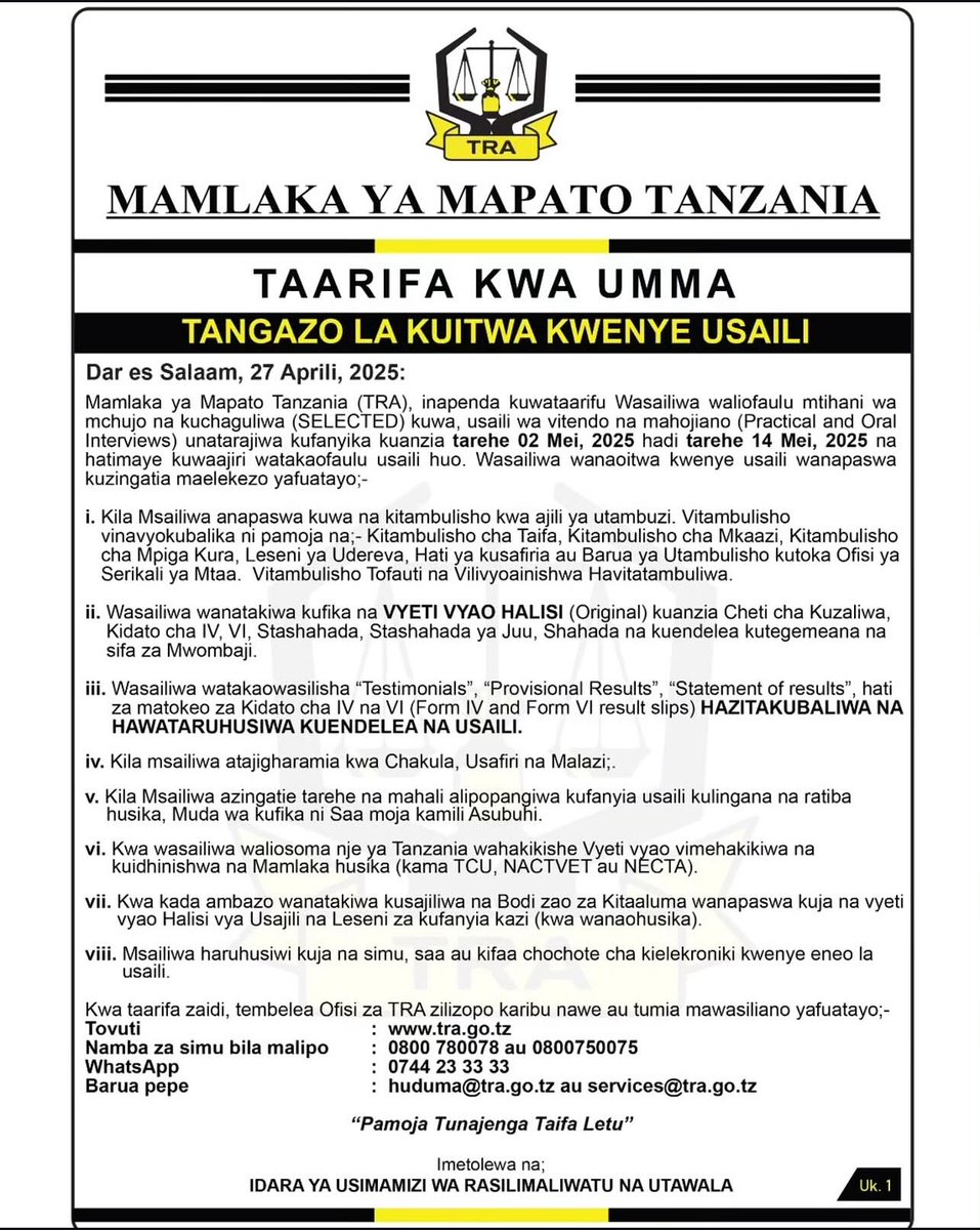 ajirapoint's tweet image. Kuitwa kwenye usaili. #TRA
#kazinautu #ajira #ajirampya
