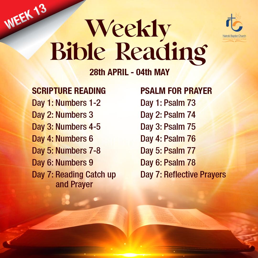 NairobiBaptist's tweet image. 🧭 May God's Word guide you this week 🧭 

Set aside time to read through and pray through scripture each day. Check out week 13 of the Weekly Bible Reading Plan 🤗❤️🙌.

#biblereadingoftheday #readBible #prayscripture #nbcngongroad #Shift2025